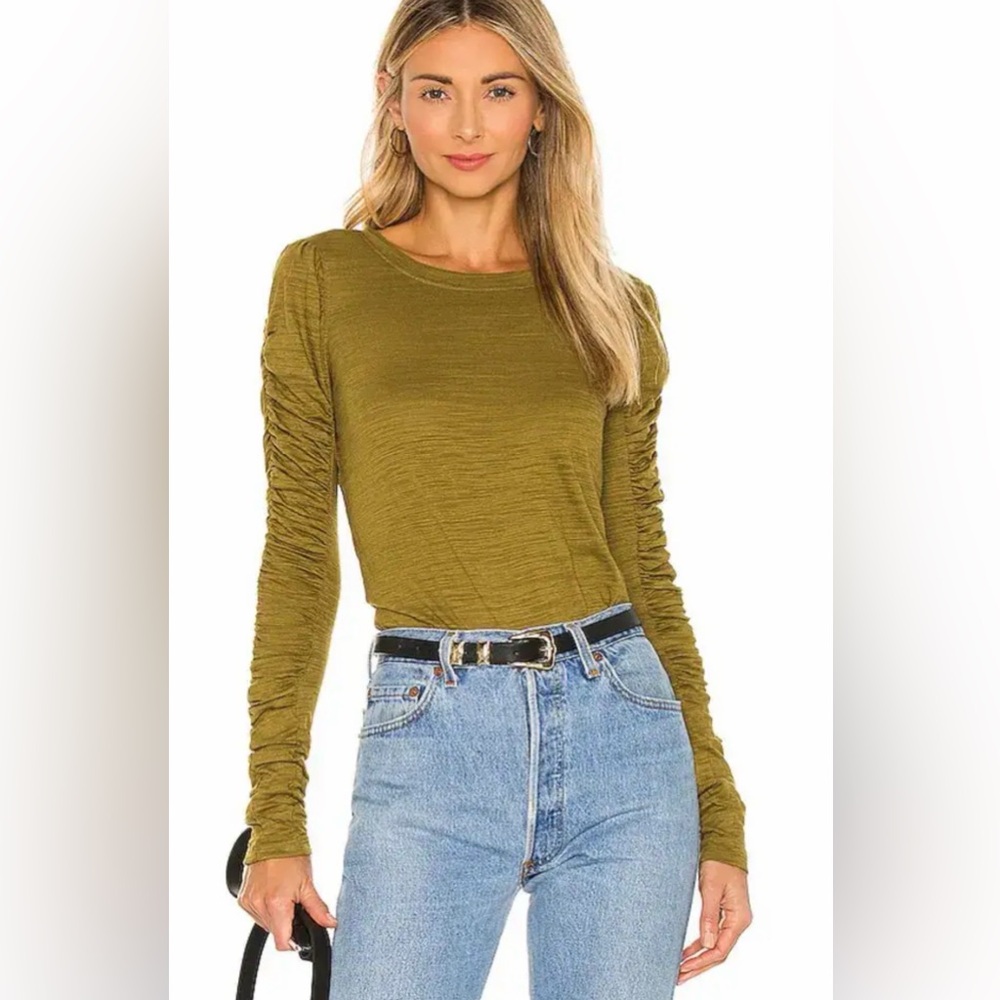 We The Free Sage Natasha Ruched Long Sleeve Crew Neck Top. Small. Olive Green.
